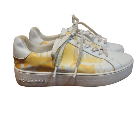Michael Kors Poppy Logo Stripe Lace Up Sneakers Wave Print Buttercup - Picture 1 of 13